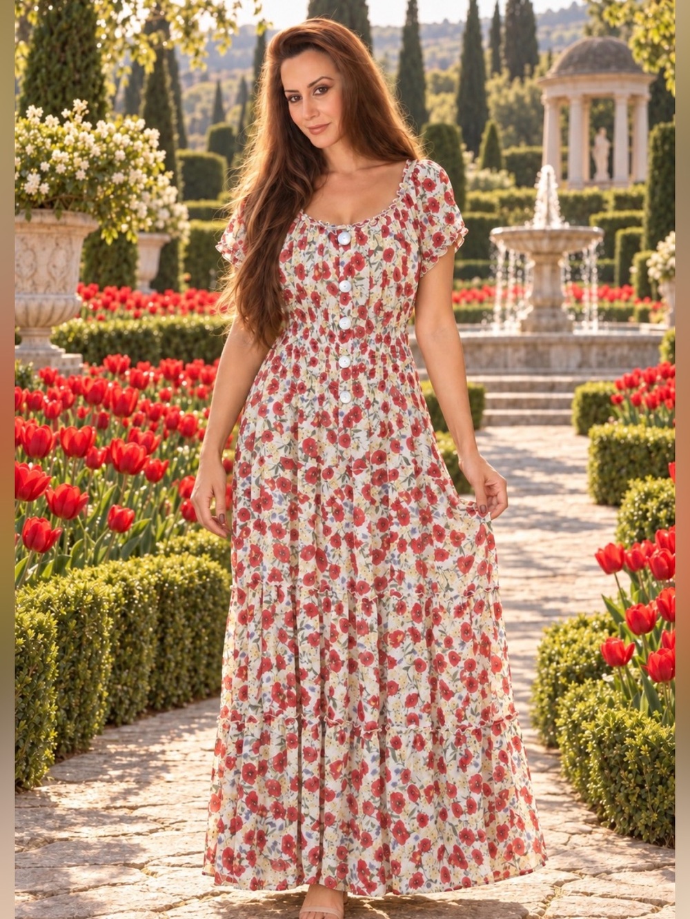 NWT Figueroa & Flower Red Poppy Floral Tiered Maxi Dress L